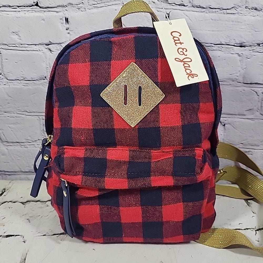 Cat & Jack Buffalo Plaid Adjustable Gold Glitter Straps Kids Backpack‎